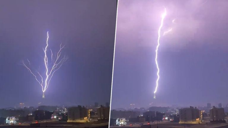 Mecca Clock Tower Lightning Video: মক্কা টাওয়ারে আকাশ থেকে আছড়ে পড়ল বিদ্যুৎ, দেখুন ভিডিয়ো