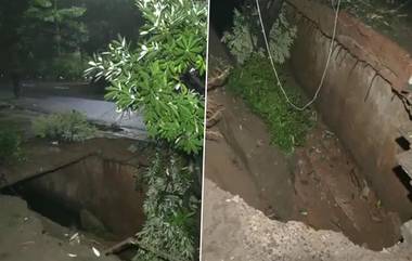 Delhi Rain: রাস্তার মাঝে বিশাল গর্ত, নাগারে বৃষ্টির জেরে দিল্লিতে ধসে পড়ল ফুটপাতের একাংশ, দেখুন