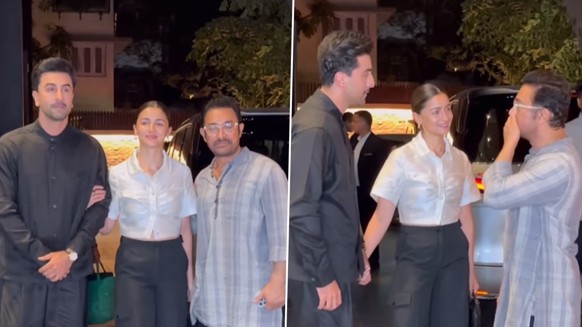 Ranbir Kapoor-Alia Bhatt With Aamir Khan: আমির-পুত্রের ছবির স্পেশাল স্ক্রিনিংয়ে রণবীরের হাত টেনে ধরে পোজ আলিয়ার, দেখুন