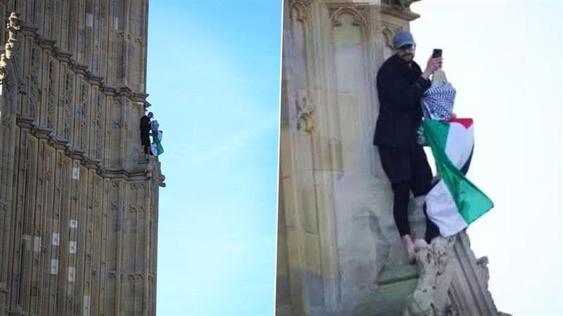 Big Ben Tower: বিগ বেন টাওয়ারে খালি পায়ে উঠে প্যালেস্টাইনের পতাকা লাগিয়ে প্রতিবাদের বার্তা