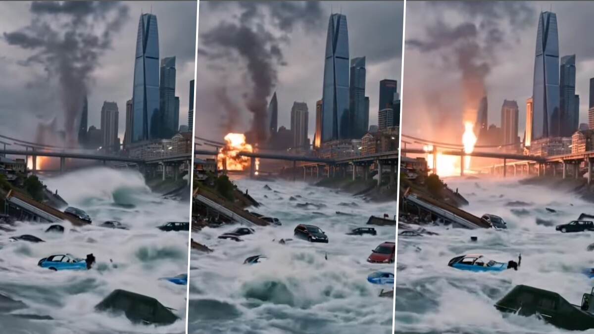 Los Angeles Flood Video: ডুবছে শহর, বন্যার জলে খেলনার মত ভাসছে গাড়ি, দাউ দাউ করে আগুন জ্বলছে সেতুর উপর, ভাঙছে মড়মড় করে; লস এঞ্জেলসের ভয়াবহ রূপ কি আদতে সত্যি? দেখুন ভিডিয়ো