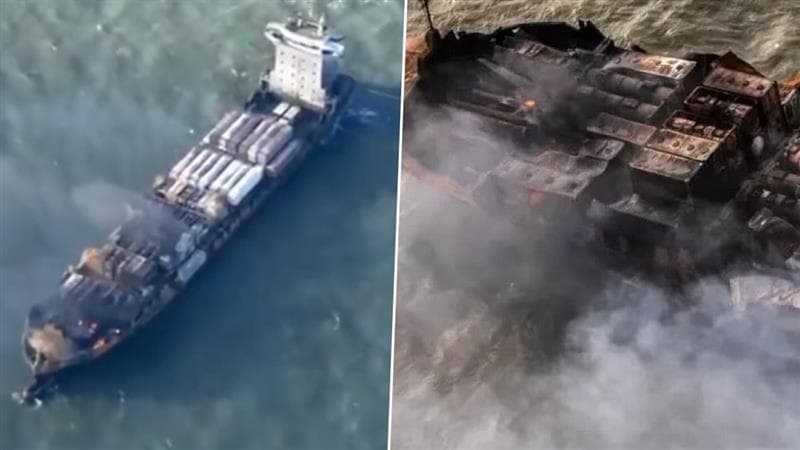 Russian Cargo Collided with US Tanker Video: মাঝ সমুদ্রে জ্বলছে আগুন, মার্কিন ট্যাঙ্কারের সঙ্গে সংঘর্ষ রাশিয়ার বিশালাকার জাহাজের, দেখুন ভিডিয়ো