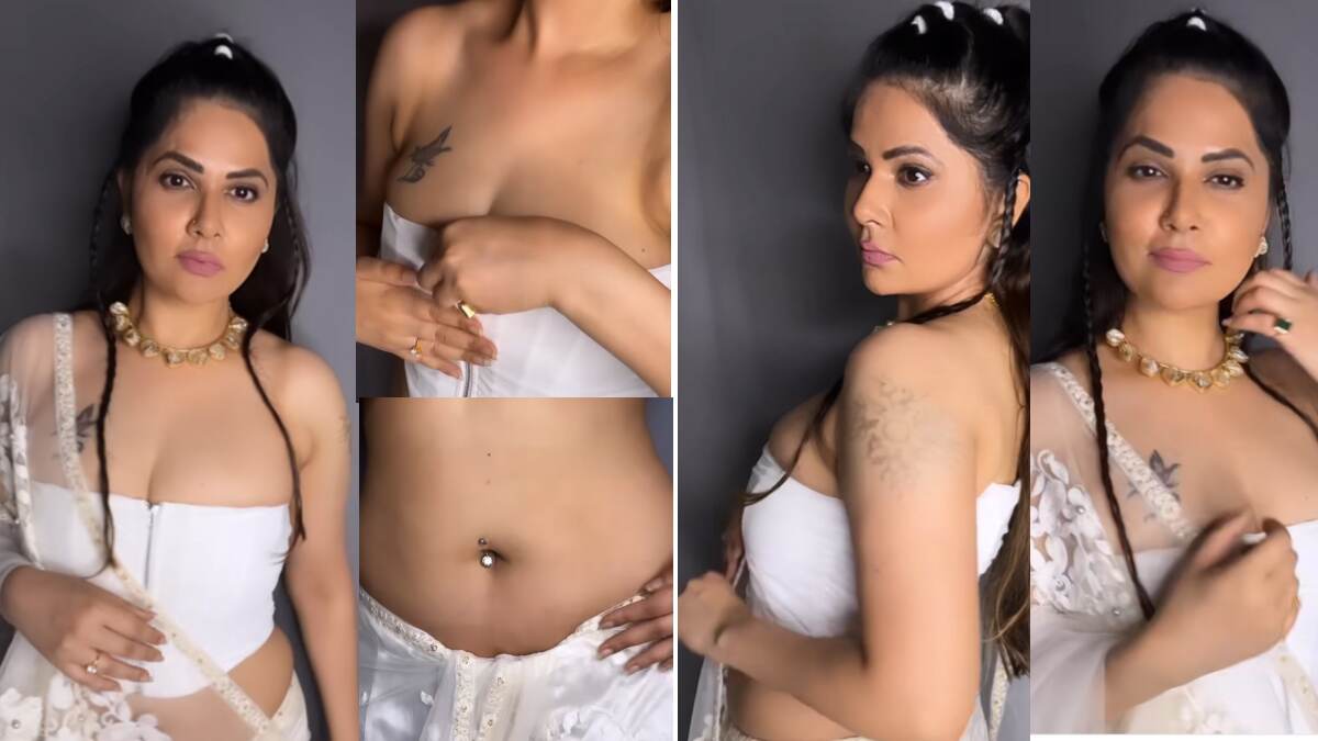 Aabha Paul sexy look: স্লিভলেস ব্লাউজে উঁকি দিচ্ছে বক্ষ বিভাজিকা। আভা পলের হট লুকে তোলপাড়