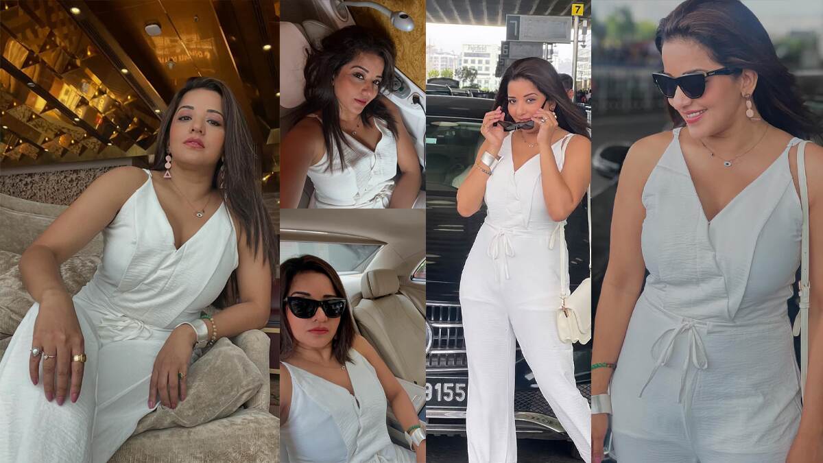 Monalisa Hot look: হট মোনালিসা। সাদা স্লিভলেস জাম্পস্যুটে থেকে দেখা যাচ্ছে বুকের খাঁজ