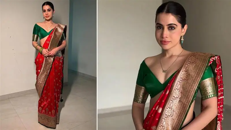 Uorfi Javed in Saree: লাল বেনারসি শাড়িতে উরফি, সবুজ ডিপনেক ব্লাউজে উন্মুক্ত ক্লিভেজ, সাবেকি লুকে চোখ ফেরানো দায়