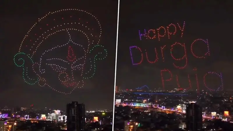 Kolkata Maa Durga Drone Show: মা দুর্গাকে স্বাগত জানিয়ে কলকাতার আকাশে সবচেয়ে বড় ড্রোন শো, দেখুন তাক লাগানো ভিডিও