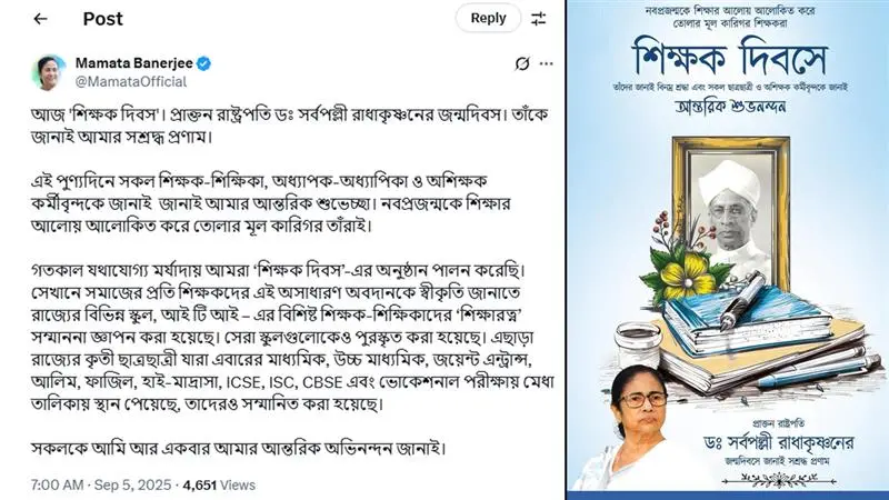CM Mamata Bandopadhyay Wishes On Teachers Day: নবপ্রজন্মকে শিক্ষার আলোয় আলোকিত করে তোলার কারিগর শিক্ষকরাই, শিক্ষক দিবসে বার্তা দিলেন মুখ্যমন্ত্রী মমতা