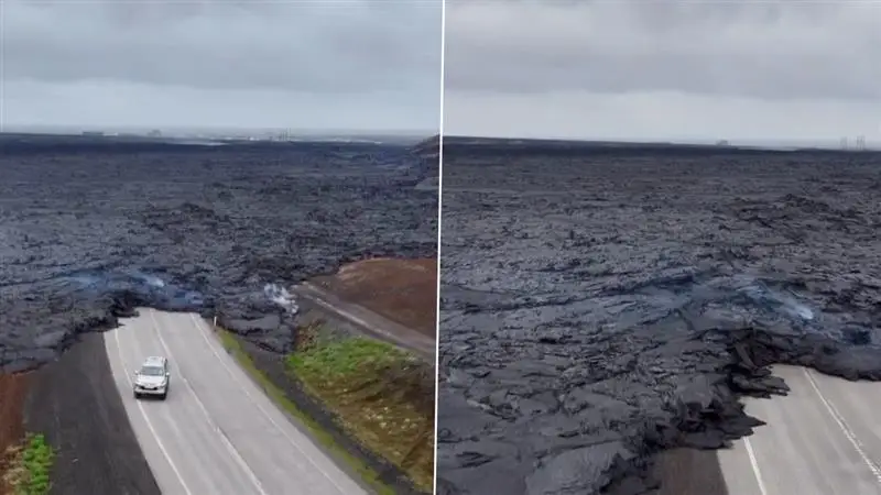 Iceland Volcanic Eruption: বৃষ্টির জল নয়, আগ্নেয়গিরির লাভায় ঢেকে বন্ধ বড় রাস্তা, দেখুন ভিডিও