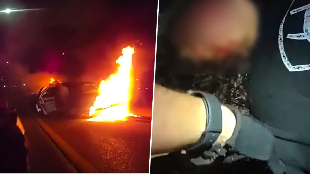 Texas Car Accident: হাইওয়েতে জ্বলছে গাড়ি, সাহসিকতার সঙ্গে জলন্ত গাড়ি থেকে চালককে বের করে আনলেন পুলিশকর্মী, দেখুন ভিডিয়ো