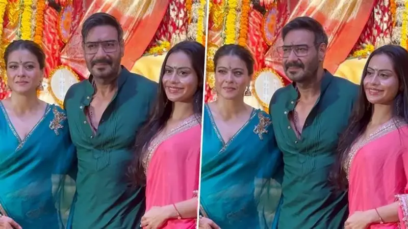 Durga Puja 2025: মহানবমীর পুজো, অজয় দেবগণ, কন্যা নাইশাকে নিয়ে হাজির কাজল