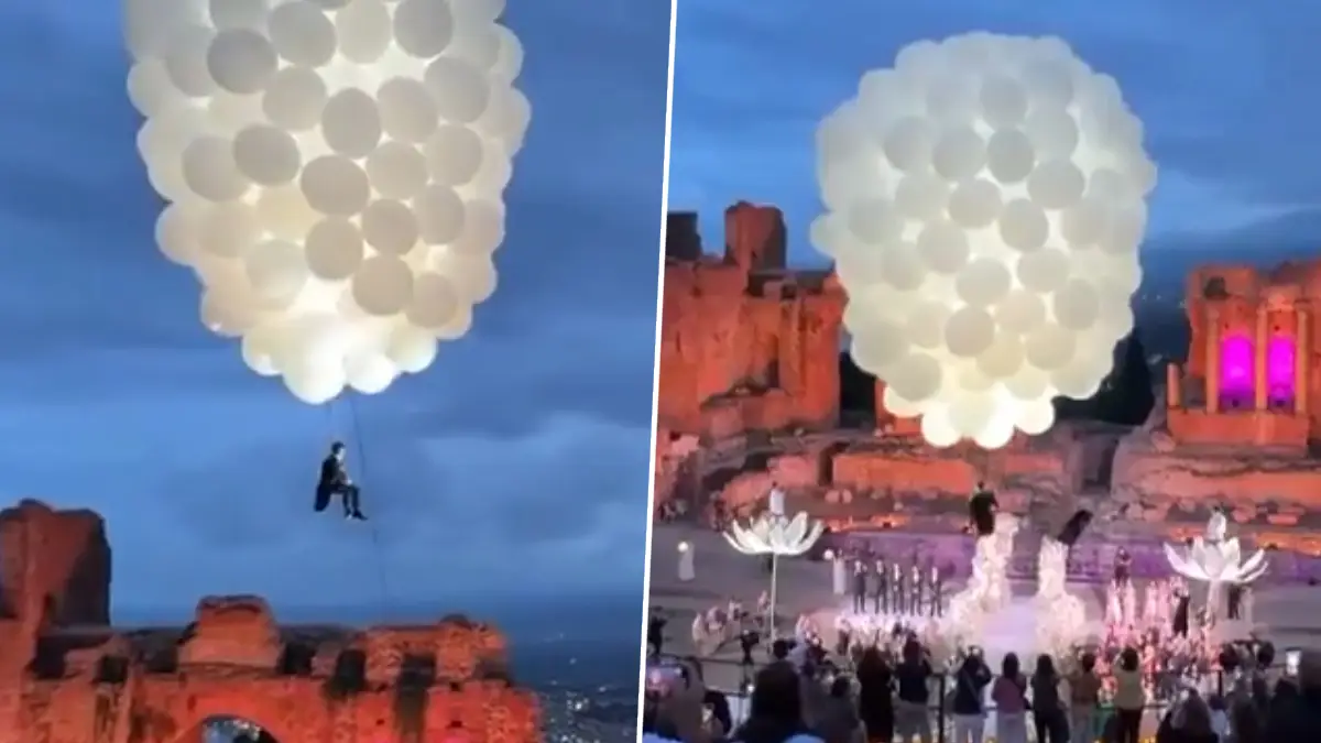 গ্যাস বেলুনে উড়ে আকাশ থেকে বিয়ের মণ্ডপে নেমে এলেন চিনের বিলিয়নিয়ার, দেখুন ভিডিও