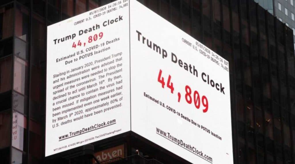 Trump Death Clock: প্রেসিডেন্ট ডোনাল্ড ট্রাম্পের অবহেলায় বাড়ছে করোনায় মৃত্যুসংখ্যা, নিউইয়র্কে টাইমস স্কোয়ারে বসল 'ট্রাম্প ডেথ ক্লক' Trump Death Clock: প্রেসিডেন্ট ডোনাল্ড ট্রাম্পের অবহেলায় বাড়ছে করোনায় মৃত্যুসংখ্যা, নিউইয়র্কে টাইমস স্কোয়ারে বসল 'ট্রাম্প ডেথ ক্লক'