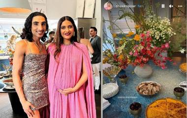 Sonam Kapoor's Baby Shower:  ফুলে মোড়ানো টেবিলে সাজানো খাবার, সোনম কাপুরের সাধে চোখ ধাঁধানো অনুষ্ঠান