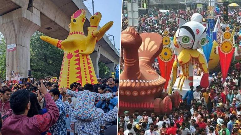 Bangla New Year Celebration in Bangladesh: রঙিন শোভাযাত্রা, শহরময় মিছিলে নাচ-গানে নববর্ষ পালন বাংলাদেশে