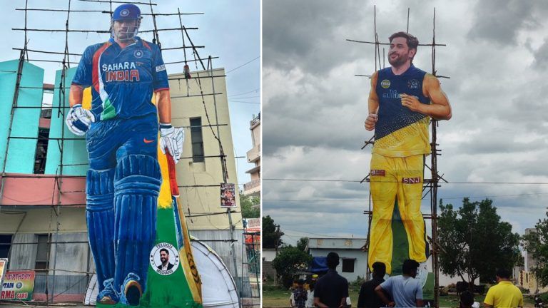 Biggest MS Dhoni Cut-Out: দেখুন, জন্মদিনের আগে অন্ধ্রপ্রদেশে মহেন্দ্র সিং ধোনির ৭৭ ফুট কাট আউট