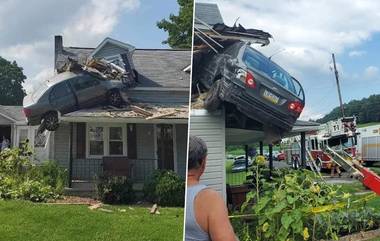 US Car Crash: আজব দুর্ঘটনা, দ্রুত গতির গাড়ি সোজা এসে ধাক্কা দিল দোতলা বাড়ির মাথায়