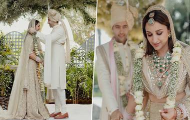 Parineeti Chopra Wedding Dress: মাথার ওড়নায় দেবনাগরী হরফে রাঘবের নাম, মণীশের নকশায় পরিণীতির বিয়ের সাজে হিরে-পান্না-মুক্তর মেলা