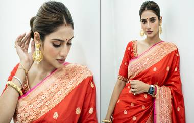 Nusrat Jahan: চওড়া পাড়ের লাল শাড়ি, মাথায় সিঁদুর , একেবারে সাবেকি সাজে নুসরত জাহান