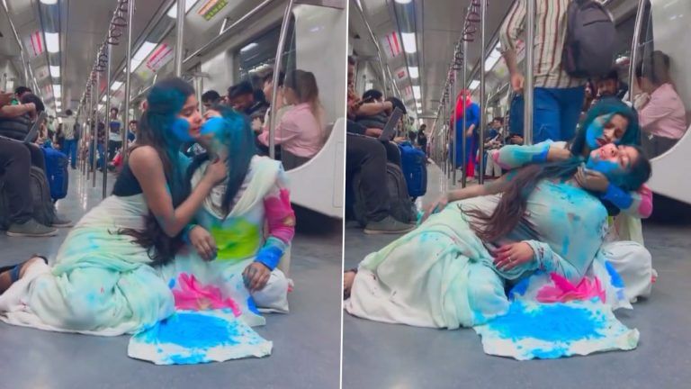 Holi in Delhi Metro: মেট্রোর মধ্যে হোলি খেলায় মত্ত দুই তরুণী, একে অপরকে রাঙানোর ঘনিষ্ঠ ভিডিয়ো ভাইরাল