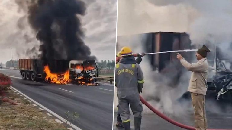 Firozabad Bus Fire: টায়ার ফেটে বিস্ফোরণ, দাউদাউ করে জ্বলল ট্রাক