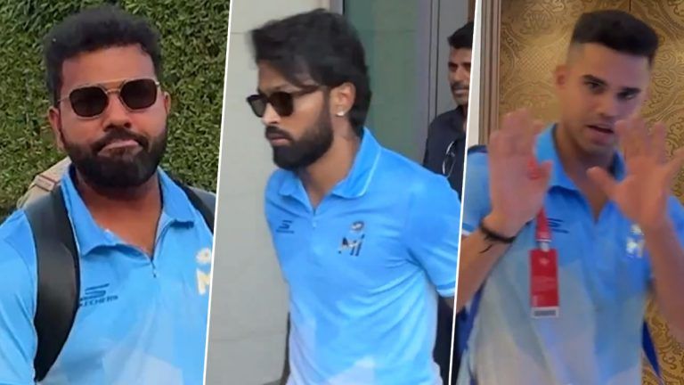 Mumbai Indians Squad Arrives in Hyderabad: সানরাইজার্স হায়দরাবাদের বিপক্ষে ম্যাচ জয়ের লক্ষ্যে হায়দরাবাদ পৌঁছে গেল মুম্বই ইন্ডিয়ান্স (দেখুন ভিডিও)