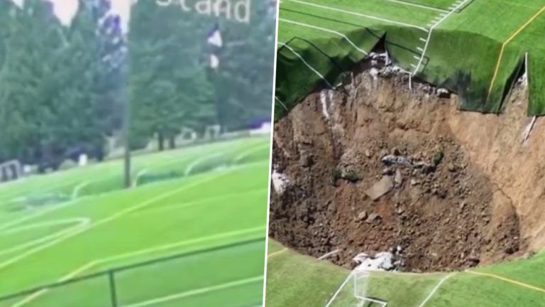 Sinkhole Swallows Alton Soccer Field: দেখুন, মার্কিন মুলুকে আচমকাই মাটির তলায় চলে গেল ১০০ ফুটের ফুটবল মাঠ